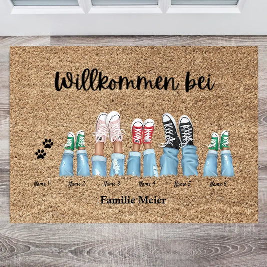 Welkom bij onze familie - Gepersonaliseerde familie deurmat (2-8 personen, kinderen & huisdieren)