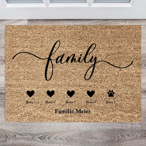 Coeur de famille - Paillasson familial personnalisé (2-8 personnes, enfants & chiens, chats)