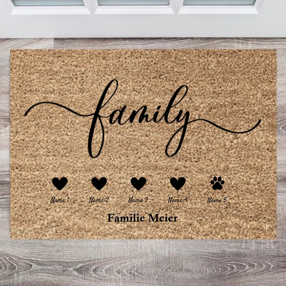 Familie harten - Gepersonaliseerde familie deurmat (2-8 personen, kinderen & honden, katten)