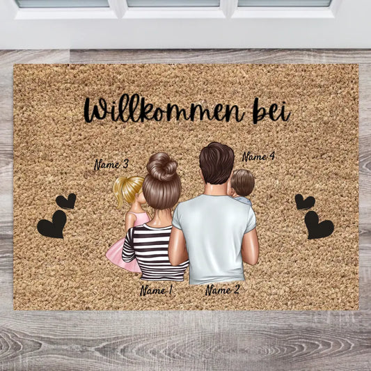 Gepersonaliseerde deurmat "Welkom bij" (voor het hele gezin, 1-4 kinderen)