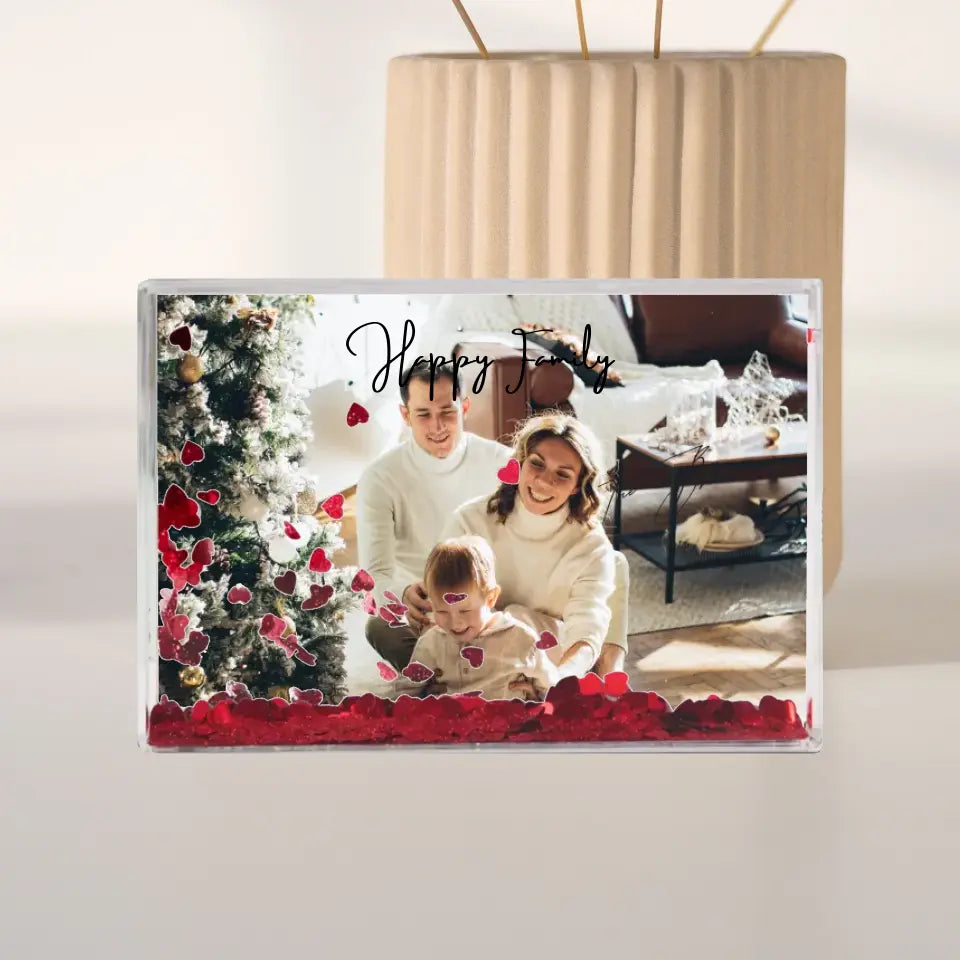 Gepersonaliseerd schuddend frame - Onze kleine familie, sneeuwbolcadeau, hart confetti - Upload je eigen foto