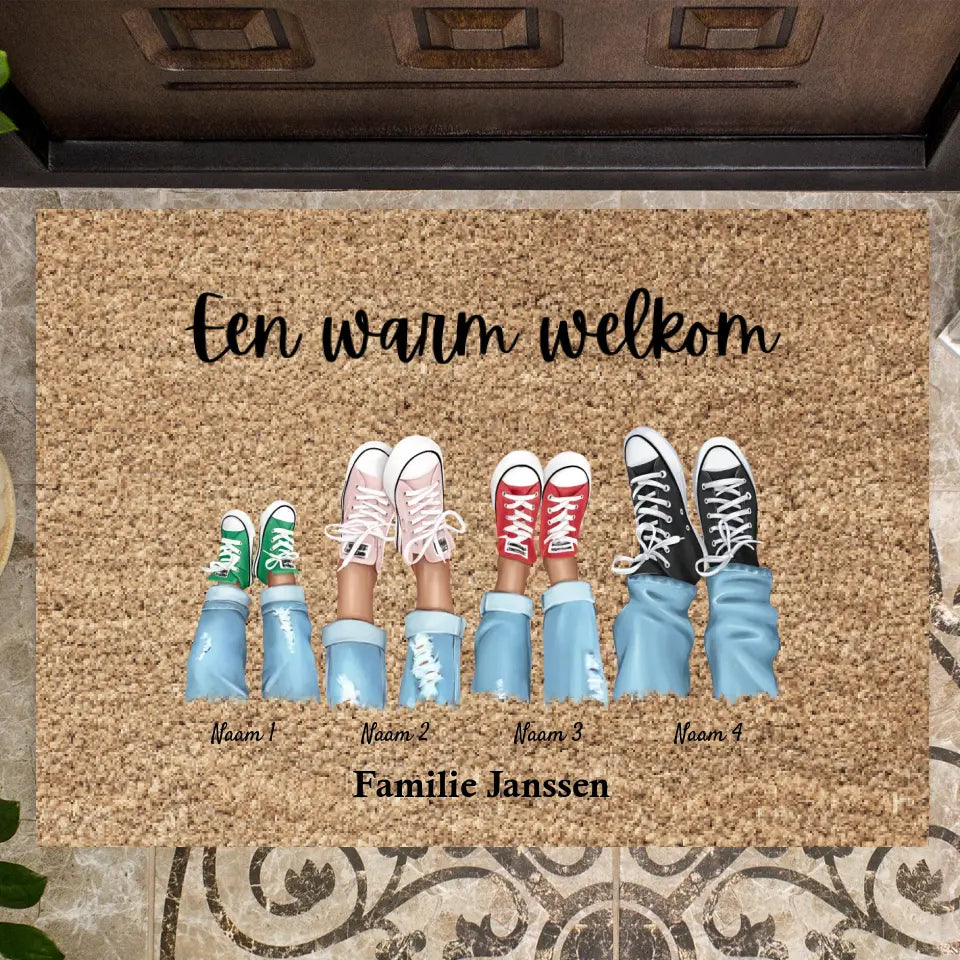 Een warm welkom - Persoonlijke familie deurmat (1-8 personen, kinderen, huisdieren)