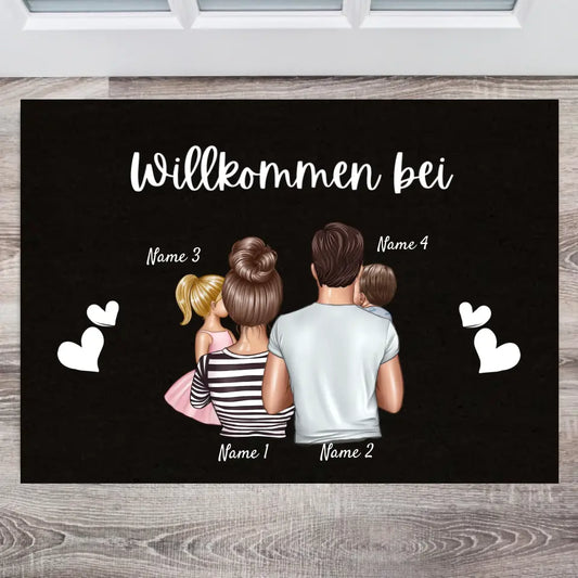 "Bienvenue chez nous" Paillasson familial personnalisé Noir (jusqu'à 4 enfants)