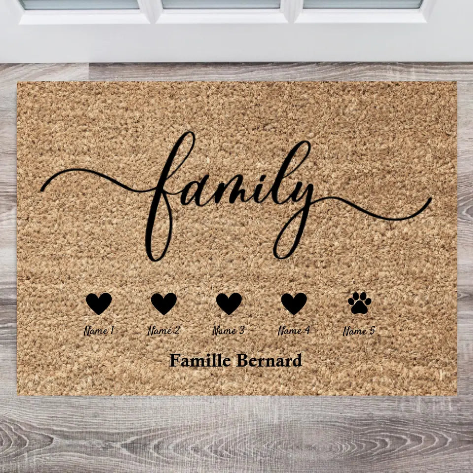 Coeur de famille - Paillasson familial personnalisé (2-8 personnes, enfants & chiens, chats)