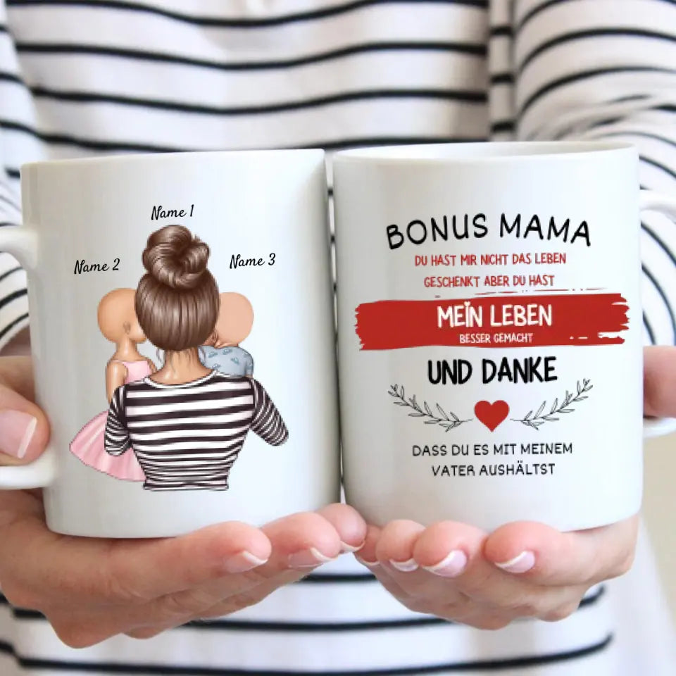 Merci Bonus Maman - Mug Personnalisé Belle-Mère (Femme avec 1-4 Enfants) 