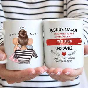 Danke Bonus Mama - Personalisierte Tasse Stiefmutter (Frau mit 1-4 Kinder)