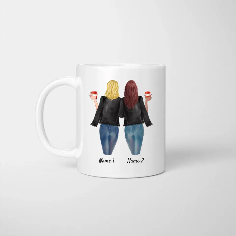 Beste Kolleginnen mit Lederjacke & Getränk - Personalisierte Tasse (2-3 Personen)