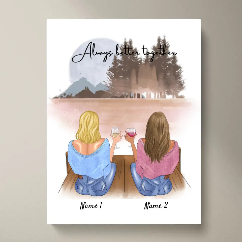 Beste vriendinnen/zussen met drankje - Gepersonaliseerde canvas (2-4 vrouwen)