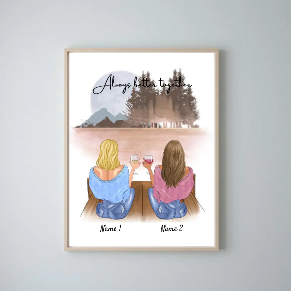 Beste vriendinnen/zussen met drankje - Gepersonaliseerde canvas (2-4 vrouwen)