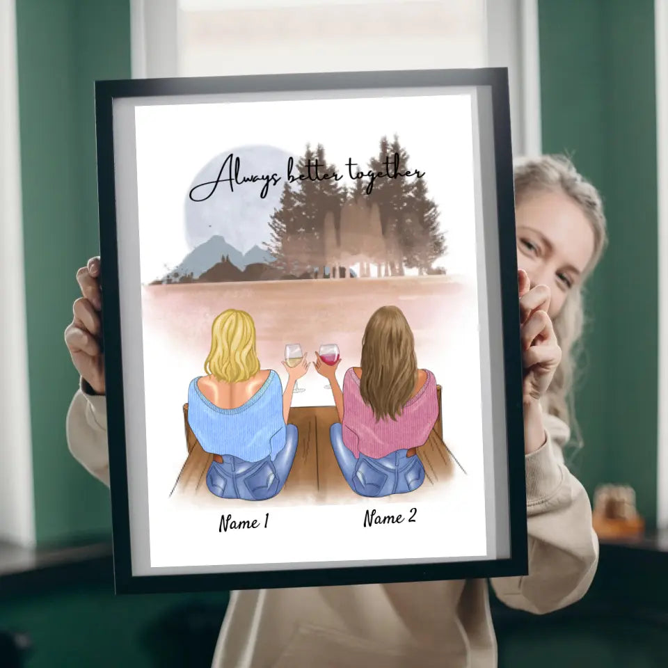 Beste vriendinnen/zussen met drankje - Gepersonaliseerde canvas (2-4 vrouwen)
