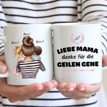 Load image into Gallery viewer, Liebe Mama, danke für die geilen Gene - Personalisierte Tasse (1-4 Kinder, Muttertag)
