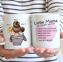 Laden Sie das Bild in den Galerie-Viewer, Liebe Mama, Danke für alles Checkliste - Personalisierte Tasse (1-4 Kinder, Muttertag)
