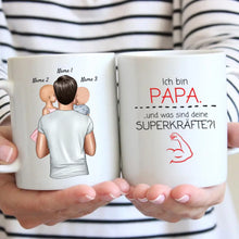 Load image into Gallery viewer, Ich bin Papa und was sind deine Superkräfte? - Personalisierte Tasse für Väter (Vatertag 1-4 Kinder)
