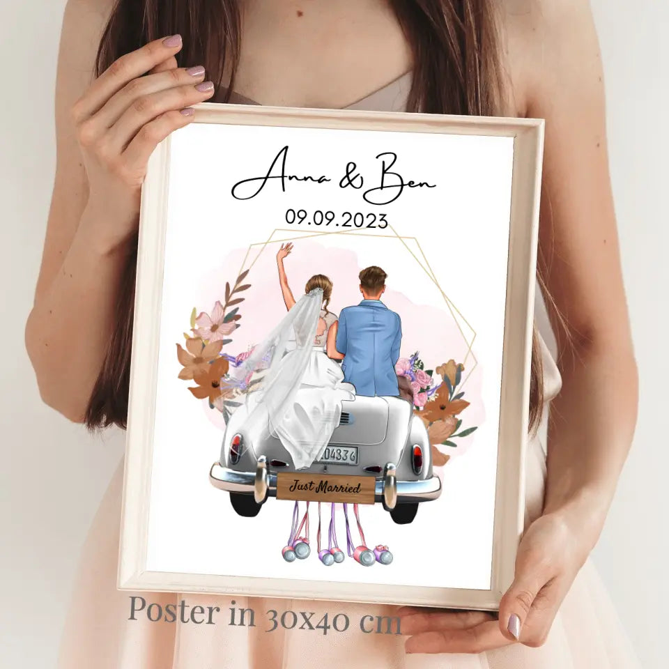"Just Married" Gepersonaliseerde huwelijksposter - Voor getrouwde stellen, bruid & bruidegom, geldcadeau, huwelijkscadeau