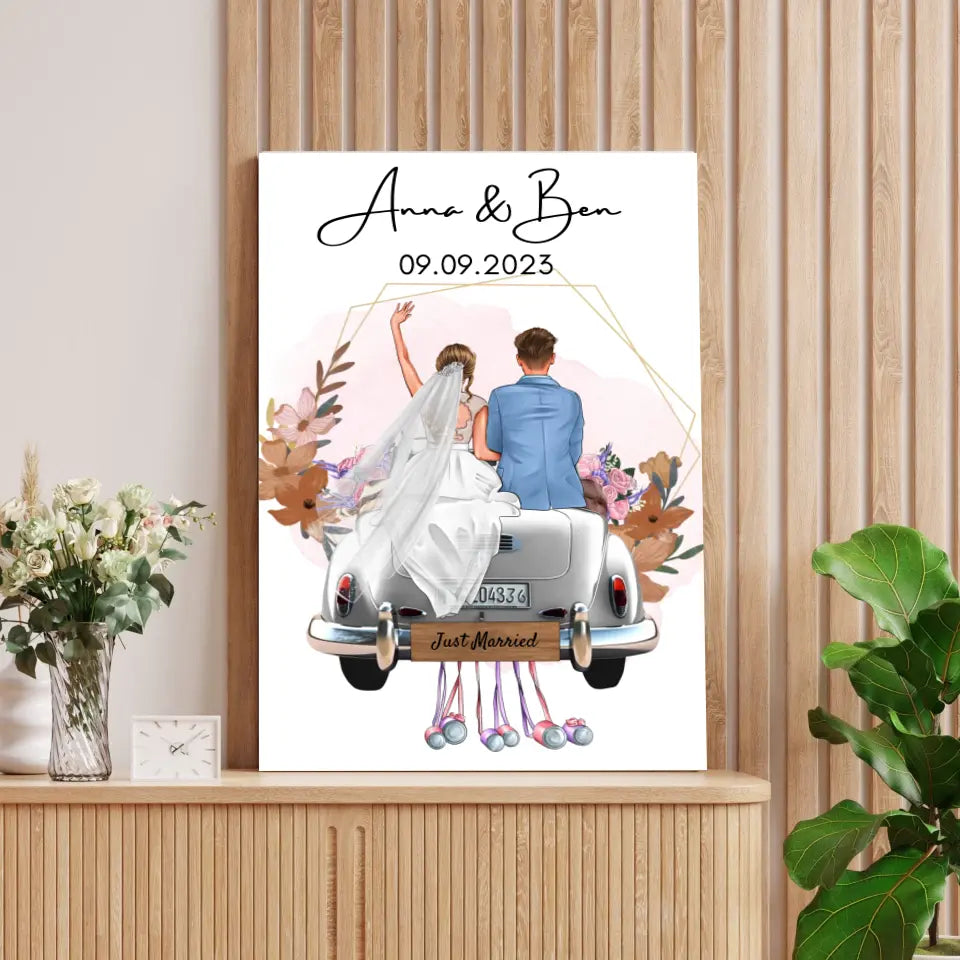 "Just Married" Poster personnalisé avec cadre pour le mariage - Pour les couples mariés, les mariés et le marié, cadeau d'argent, cadeau de mariage