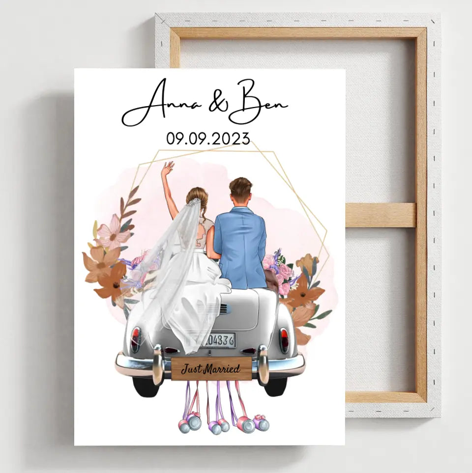 "Just Married" Poster personnalisé avec cadre pour le mariage - Pour les couples mariés, les mariés et le marié, cadeau d'argent, cadeau de mariage