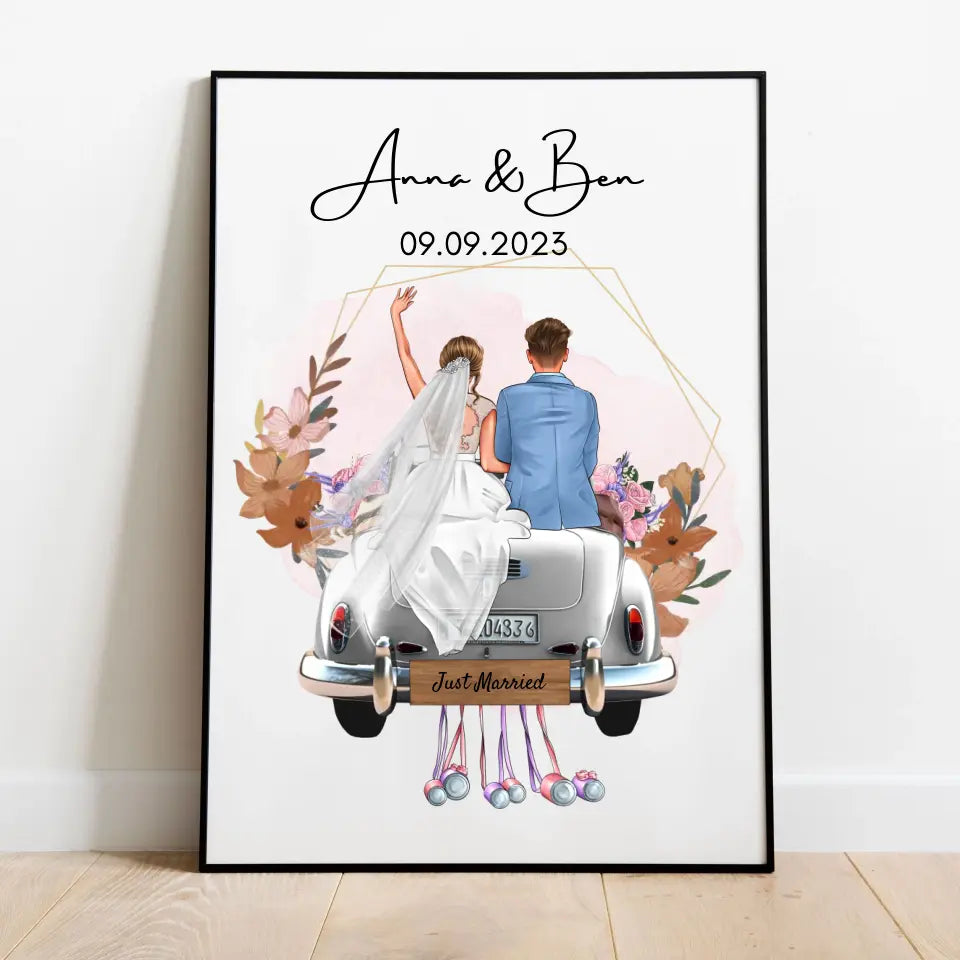 "Just Married" Poster personnalisé avec cadre pour le mariage - Pour les couples mariés, les mariés et le marié, cadeau d'argent, cadeau de mariage