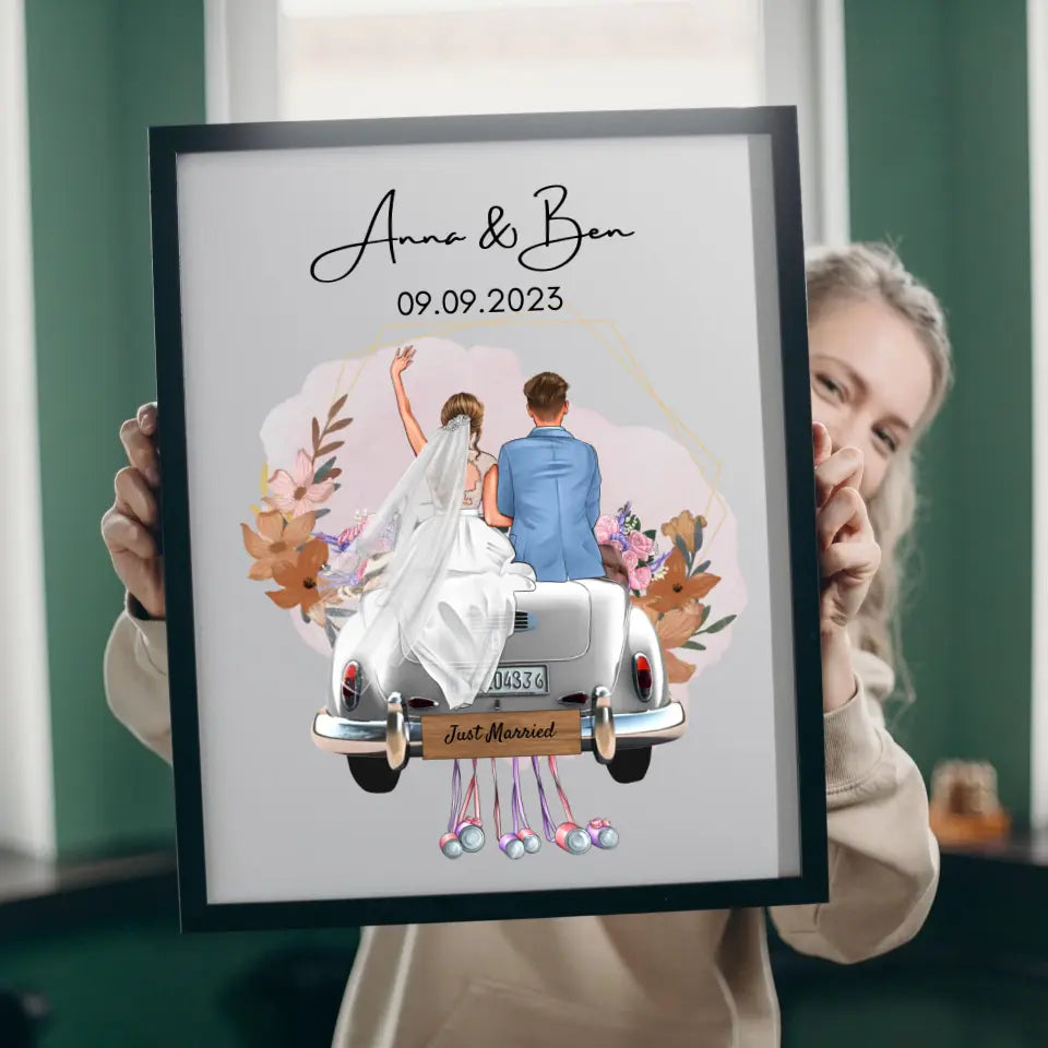 "Just Married" Poster personnalisé avec cadre pour le mariage - Pour les couples mariés, les mariés et le marié, cadeau d'argent, cadeau de mariage