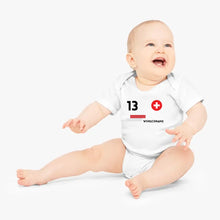 Load image into Gallery viewer, 2024 Fussball EM Schweiz - Personalisierter Baby-Onesie/ Strampler, Trikot mit anpassbarem Namen und Trikotnummer, 100% Bio-Baumwolle Baby Body
