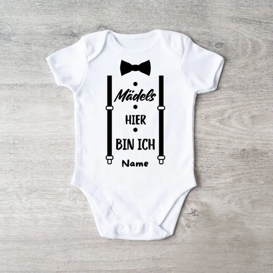 Meisjes hier ben ik - gepersonaliseerde baby onesie/romper, grappige bodysuit voor zonen, 100% biologisch katoen