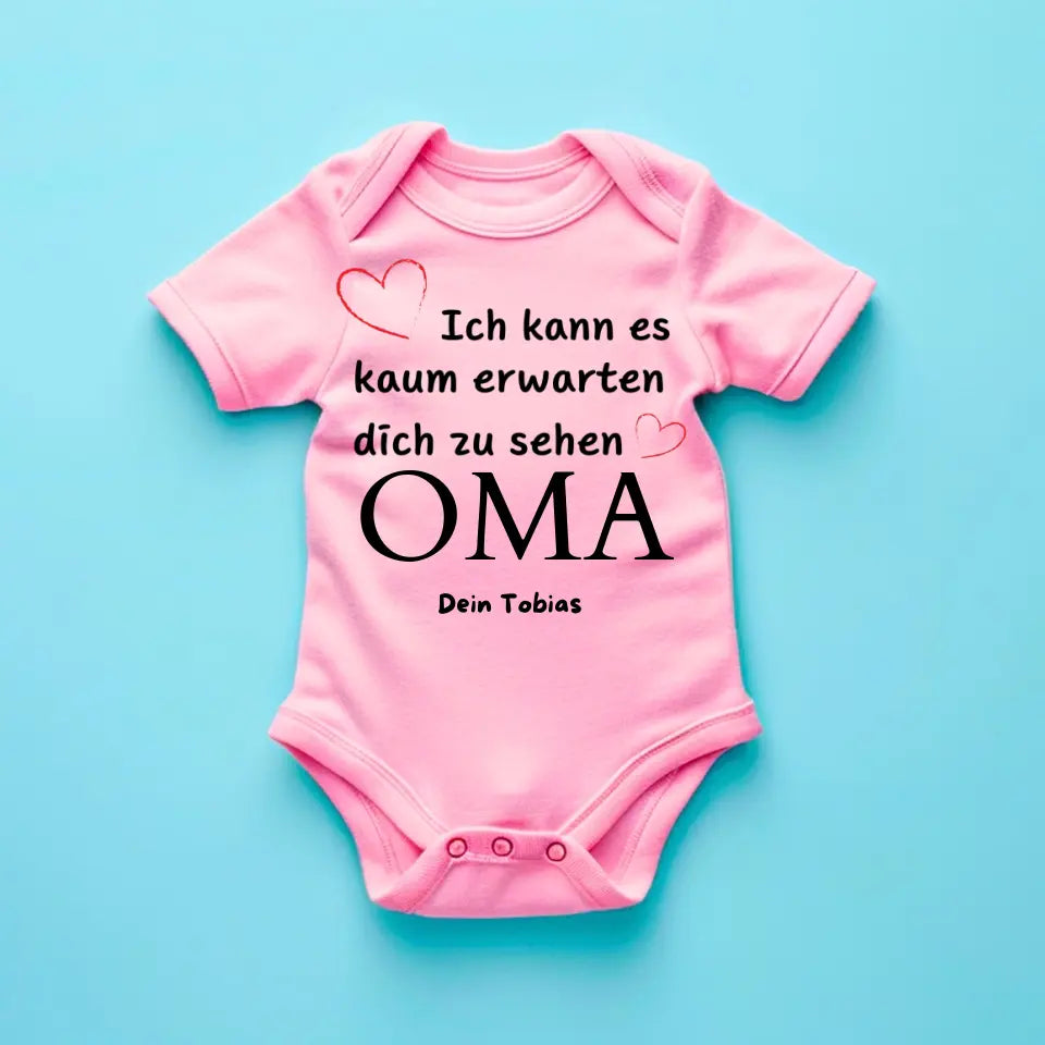 Ik kan niet wachten om je OMA te zien - Gepersonaliseerde baby onesie/romper, geboorte MAMA, PAPA, OMA, OPA, bodysuit van 100% biologisch katoen