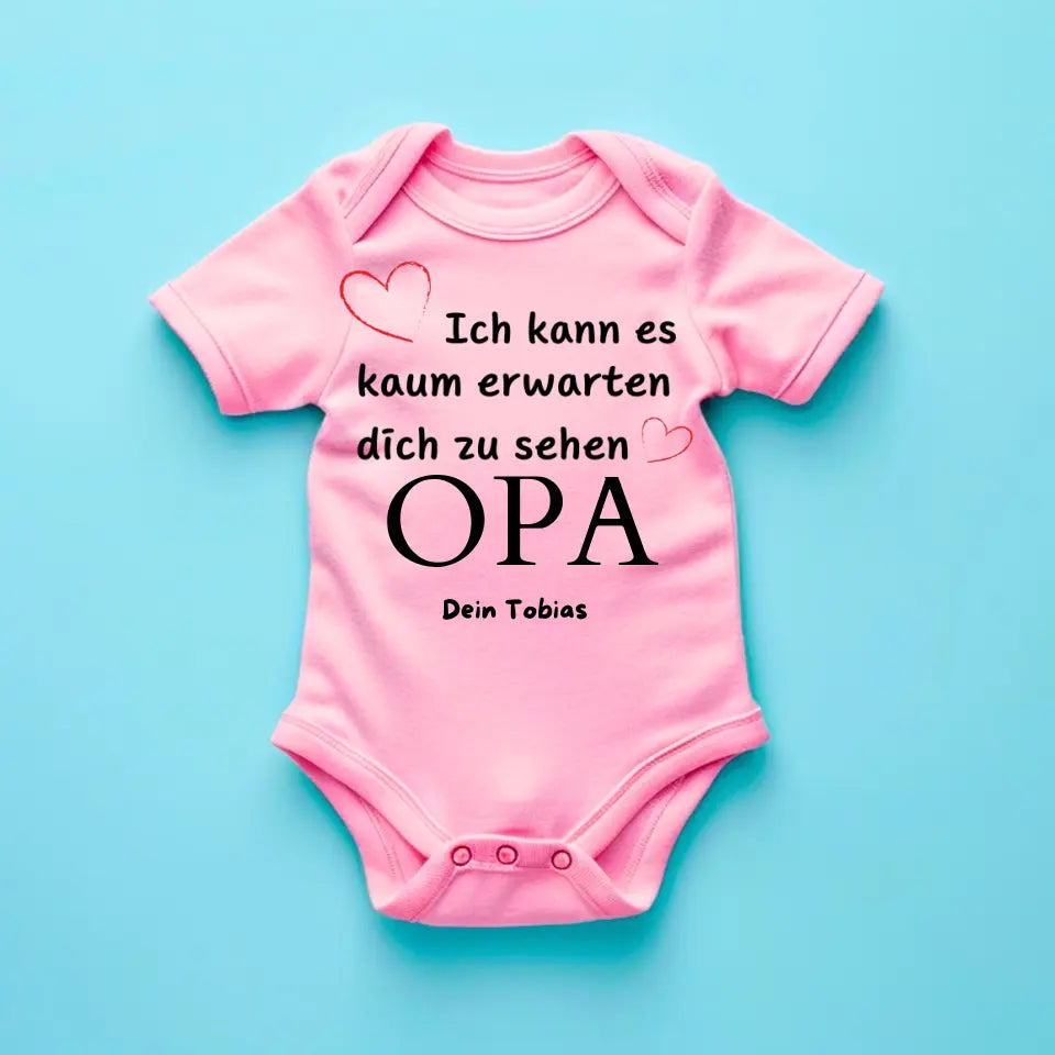 Ik kan niet wachten om je OPA te zien - Gepersonaliseerde baby onesie/romper, geboorte MAMA, PAPA, OMA, OPA, bodysuit van 100% biologisch katoen