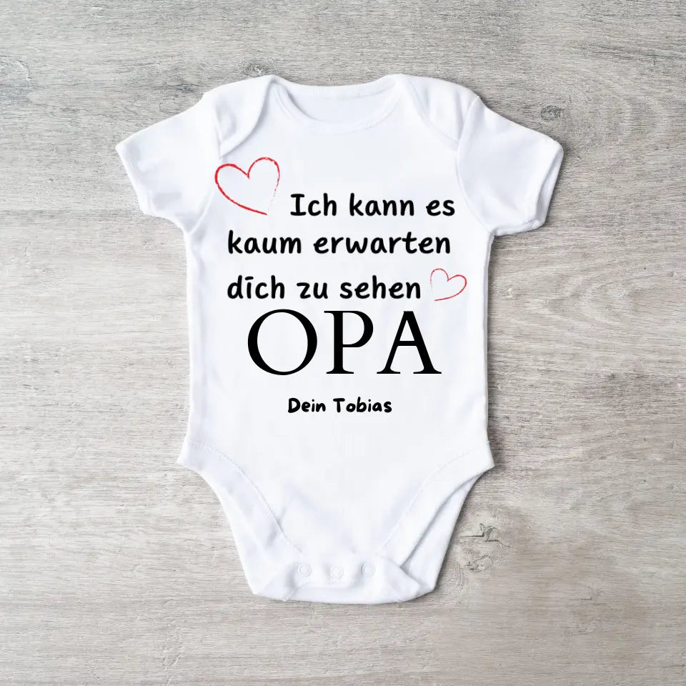 Ik kan niet wachten om je OPA te zien - Gepersonaliseerde baby onesie/romper, geboorte MAMA, PAPA, OMA, OPA, bodysuit van 100% biologisch katoen