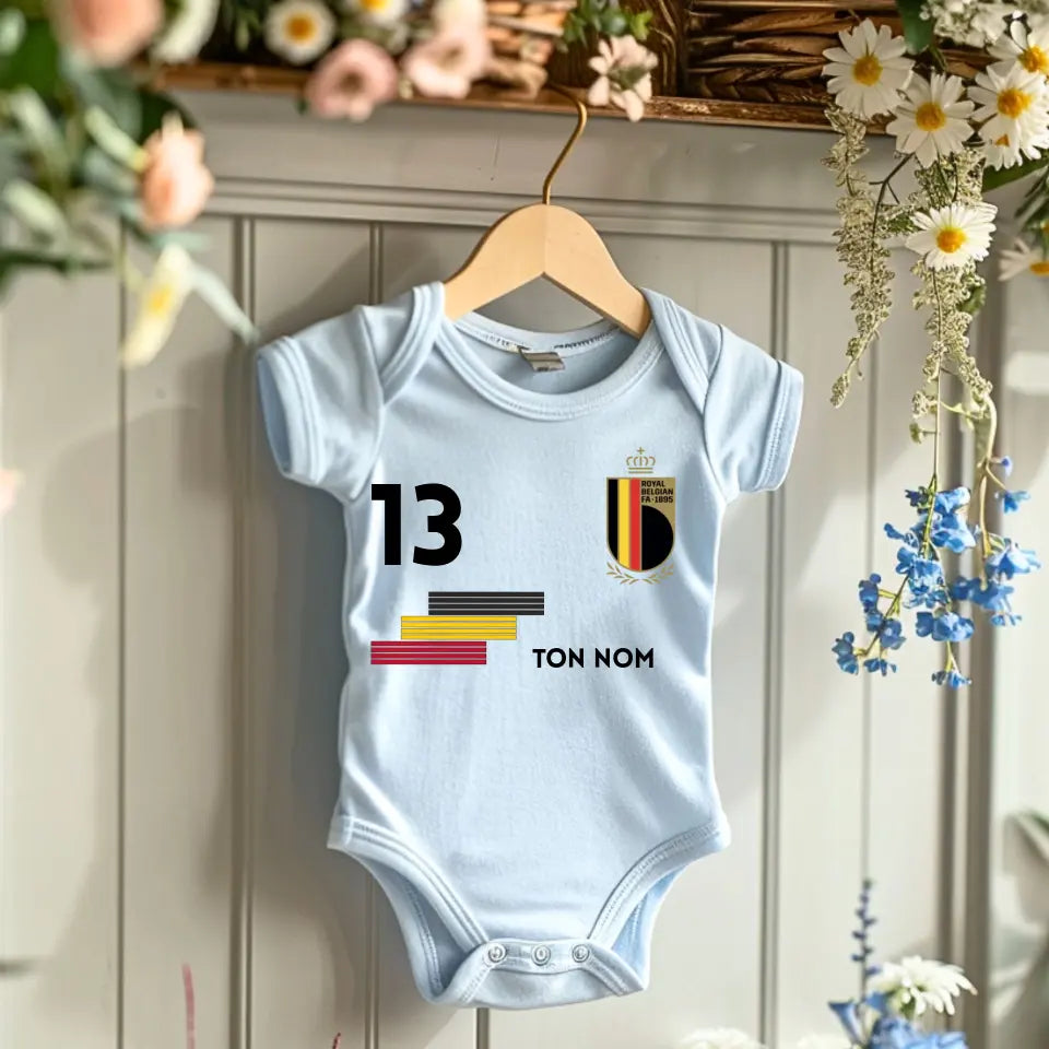 2024 Maillot de foot Euro Belgique - Body bébé personnalisé avec nom et numéro de maillot personnalisé, 100% coton biologique