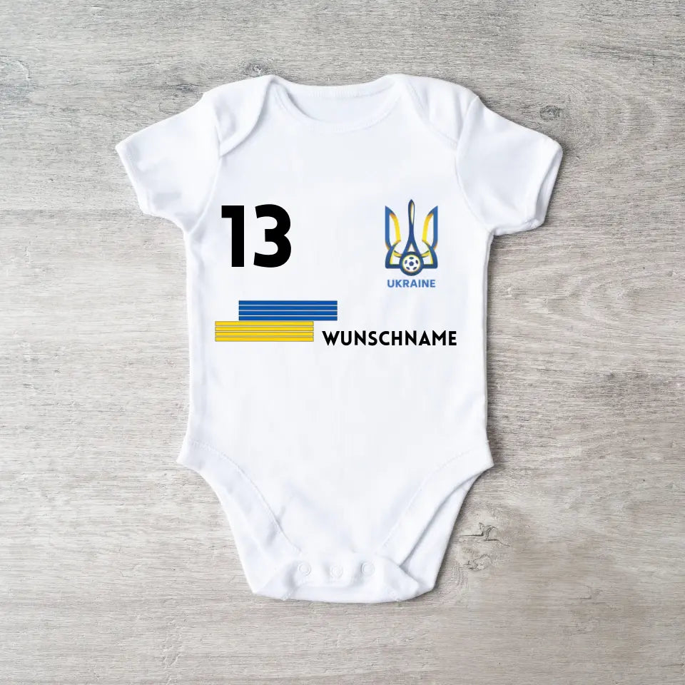 Europees kampioenschap voetbal Oekraïne 2024 - Gepersonaliseerde baby onesie/rompertje, jersey met aanpasbare naam en rugnummer, babybody van 100% biologisch katoen