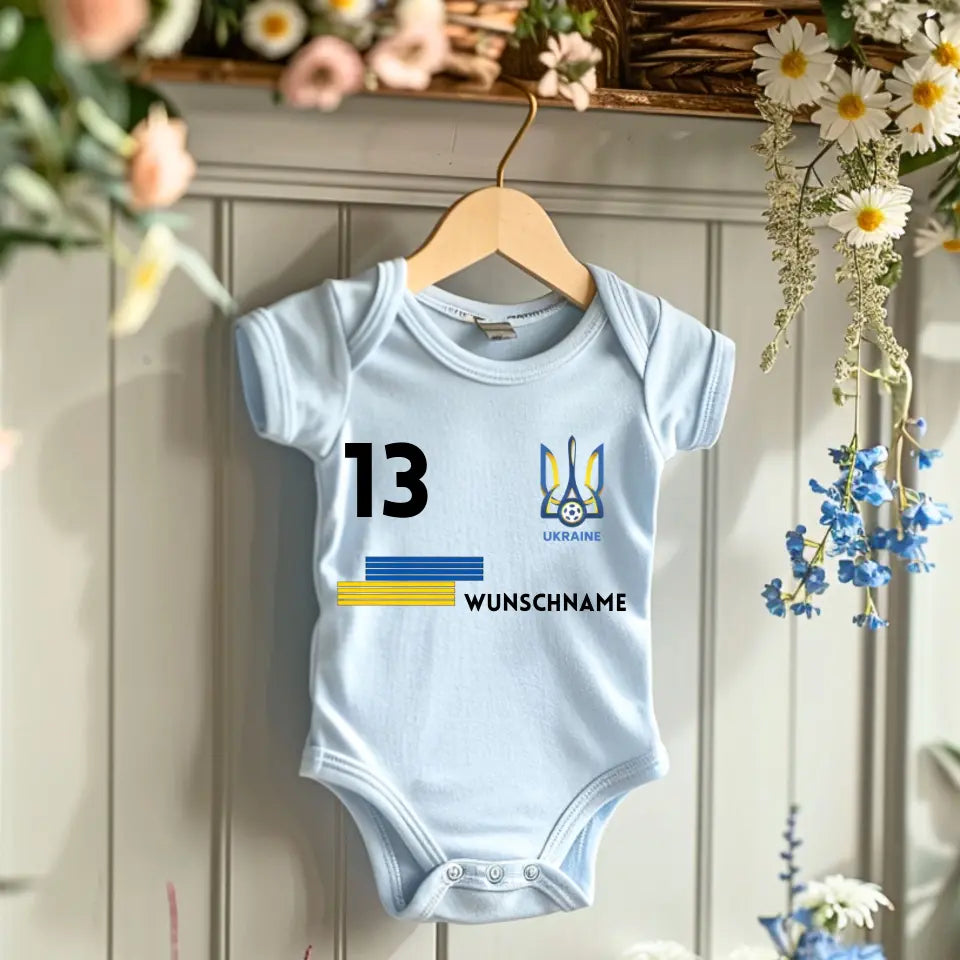 Europees kampioenschap voetbal Oekraïne 2024 - Gepersonaliseerde baby onesie/rompertje, jersey met aanpasbare naam en rugnummer, babybody van 100% biologisch katoen