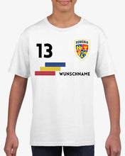 Load image into Gallery viewer, EM Roemenië kindertrui - gepersonaliseerd T-shirt voor kinderen, voetbal EM 2024 (100% katoen, individueel nummer en gewenste naam)
