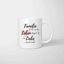 Laden Sie das Bild in den Galerie-Viewer, Personalisierte Familien Tasse &quot;Wo die Liebe niemals endet&quot; (1-4 Kinder + Haustiere)
