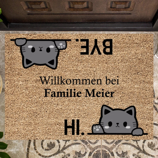 Gepersonaliseerde deurmat, welkom bij onze familie, schattige katten zeggen hallo en tot ziens