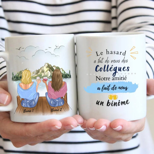 Een binome, Meilleures collègues met hout - Mok gepersonaliseerd (2-4 personen, idee cadeau collègue