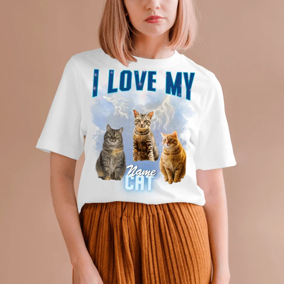 Ik hou van mijn kat Vintage jaren 90 - T-shirt met gepersonaliseerde foto (100% katoen, unisex)