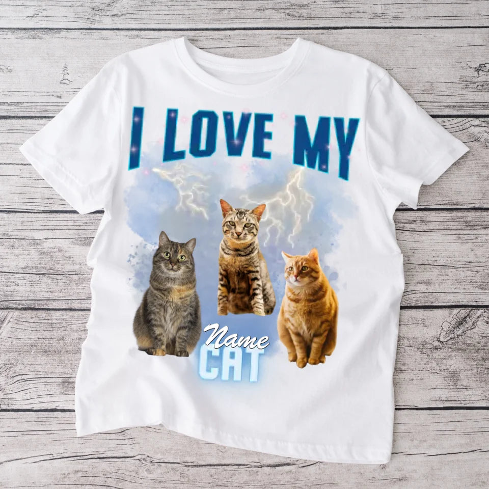 Ik hou van mijn kat Vintage jaren 90 - T-shirt met gepersonaliseerde foto (100% katoen, unisex)