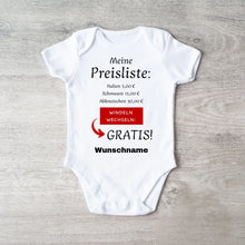 Afbeelding in Gallery-weergave laden, Baby Preisliste, Windeln wechseln gratis - Personalisierter Baby-Onesie/ Strampler, witziges Weihnachtsgeschenk, 100% Bio-Baumwolle
