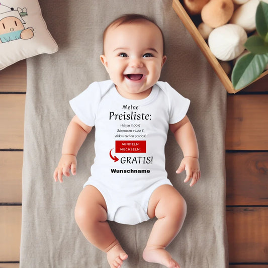 Babyprijslijst, gratis luierwissel - gepersonaliseerde babyromper/romper, grappig kerstcadeau, 100% biologisch katoen
