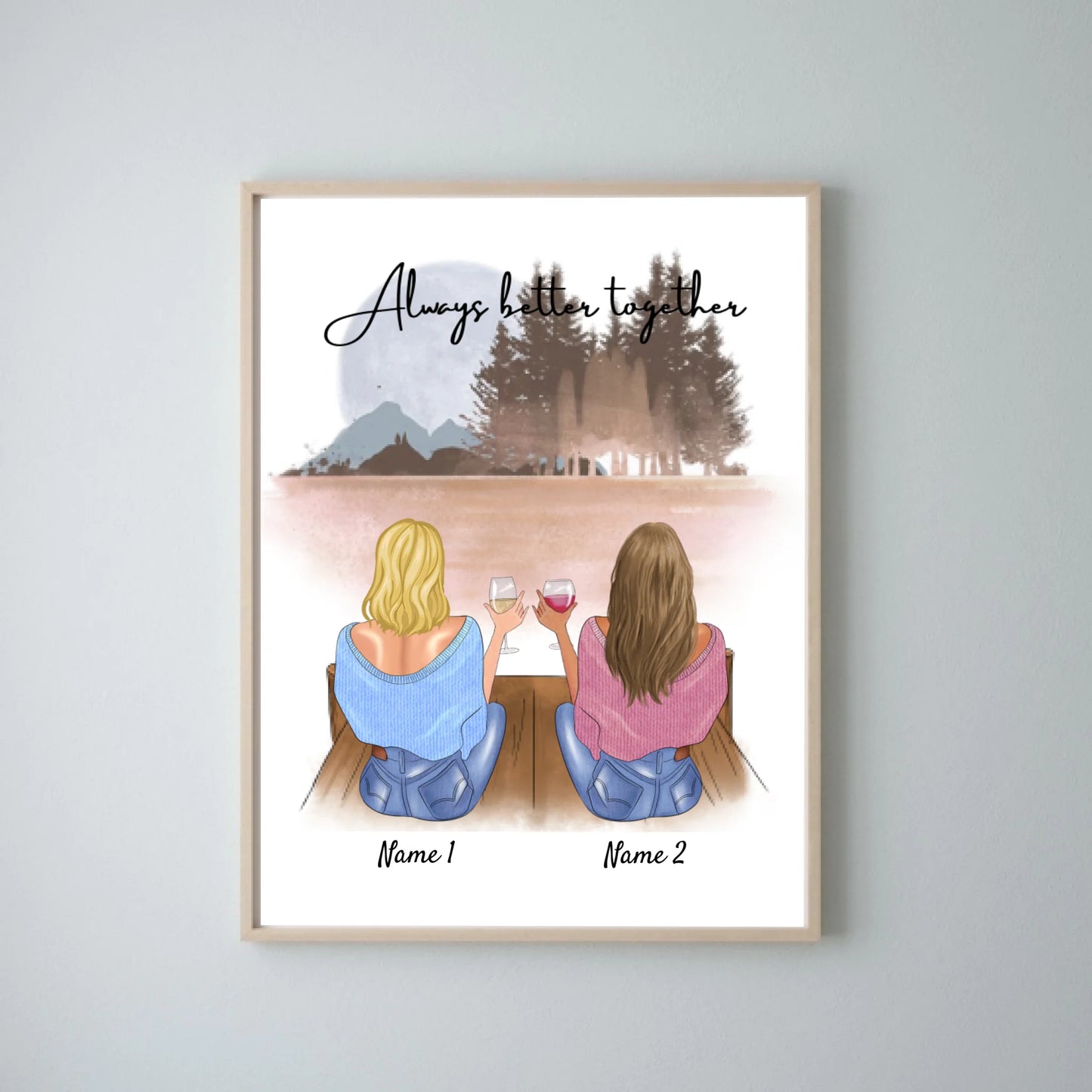 Freundinnen/ Schwestern mit Getränk - Personalisiertes Poster (2-4 Frauen)