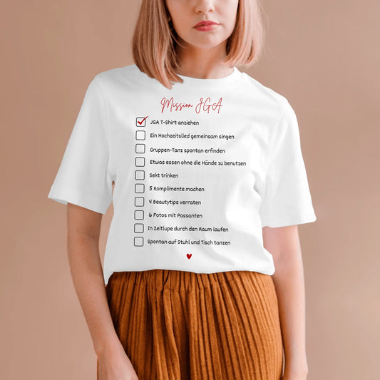 Mission JGA - T-shirt personnalisé pour copines, JGA, liste de choses à faire pour enterrement de vie de jeune fille (100 % coton, unisexe)