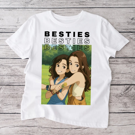 Afbeelding als strip-/animetekening - Gepersonaliseerd foto T-shirt Besties (100% katoen, unisex)