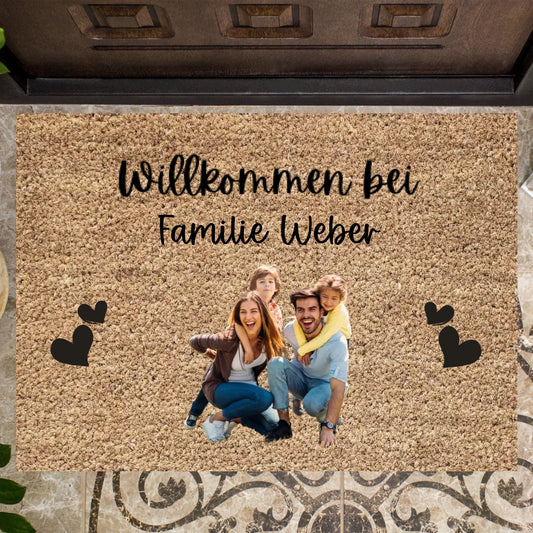 Gepersonaliseerde fotodeurmat - Welkom bij onze familie (upload je eigen foto)
