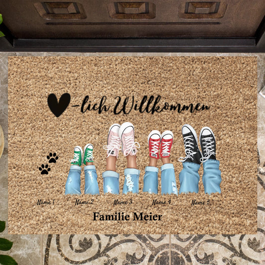 Welkom - Gepersonaliseerde deurmat voor binnen & buiten (2-8 personen, kinderen & huisdieren) Grijs