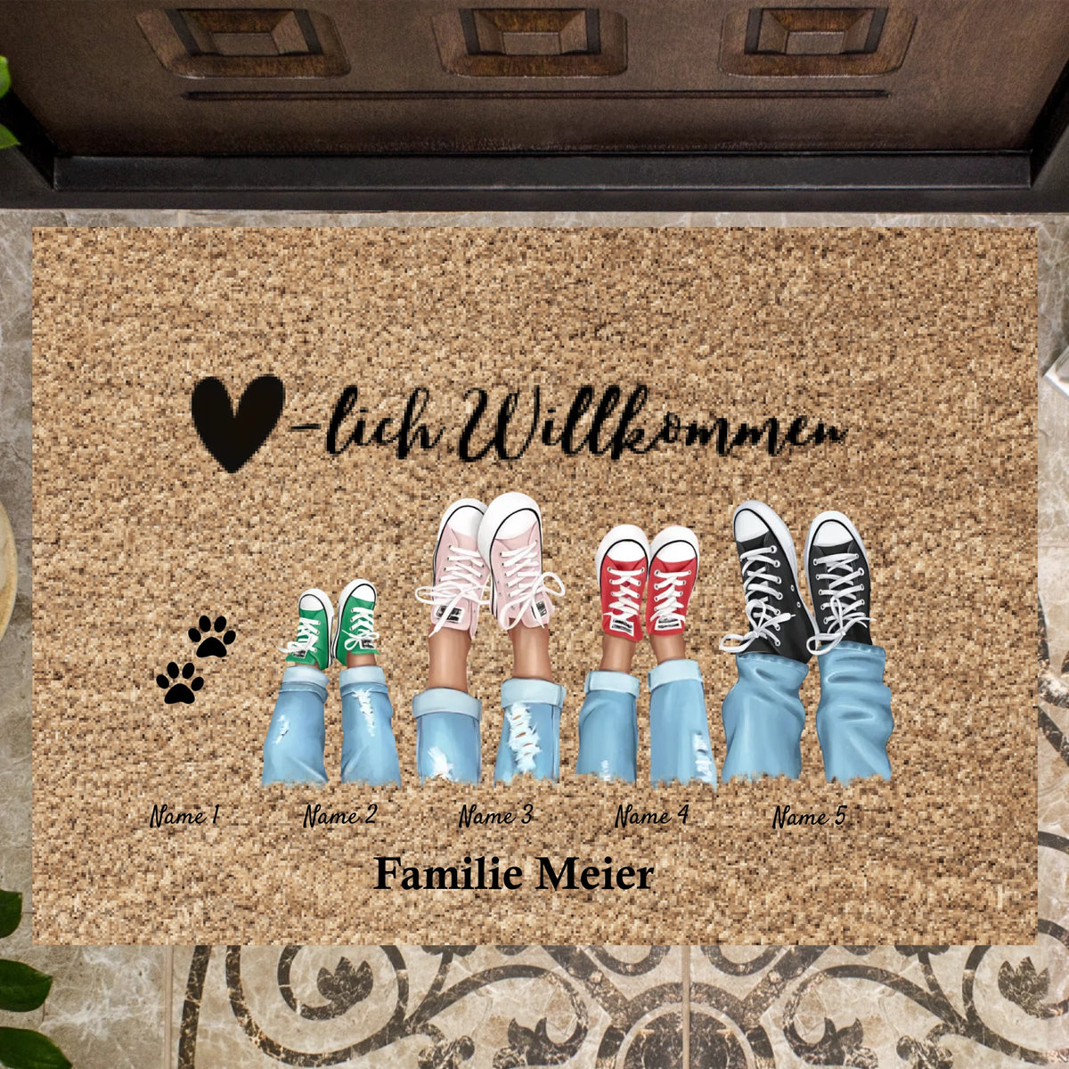 Welkom - Gepersonaliseerde deurmat voor binnen & buiten (2-8 personen, kinderen & huisdieren) Grijs