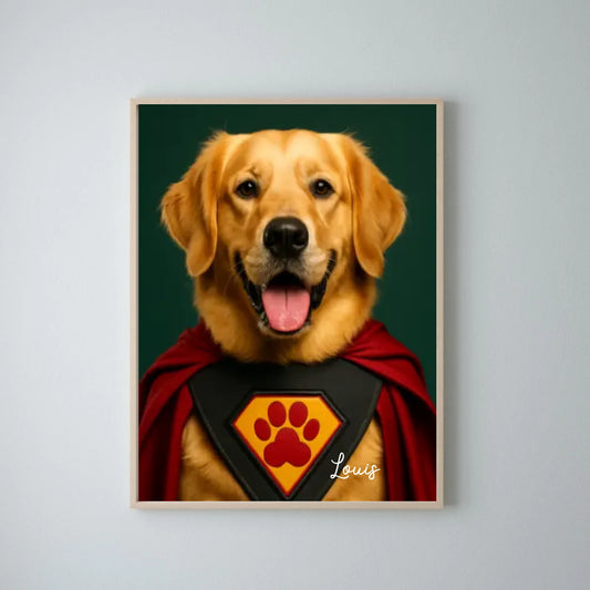 Grappig huisdier Superheldenportret - Gepersonaliseerde poster met foto-upload in verschillende stijlen (hond, kat als superheld, astronaut, etc.)