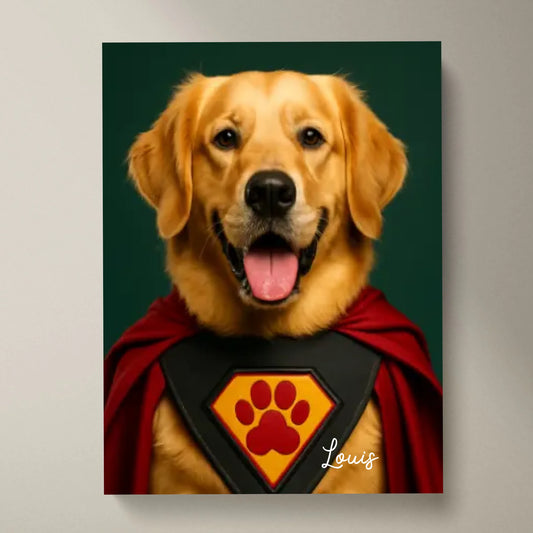 Grappig huisdier Superheldenportret - Gepersonaliseerde poster met foto-upload in verschillende stijlen (hond, kat als superheld, astronaut, etc.)