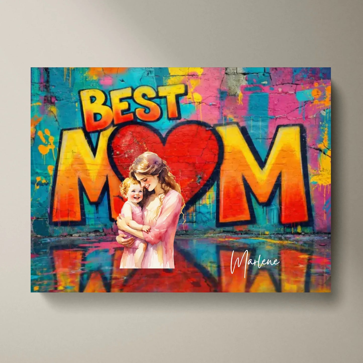 Personalisiertes Foto-Poster Best Mom Graffitiwand/ Aquarell Stil (Bild von Mutter hochladen)