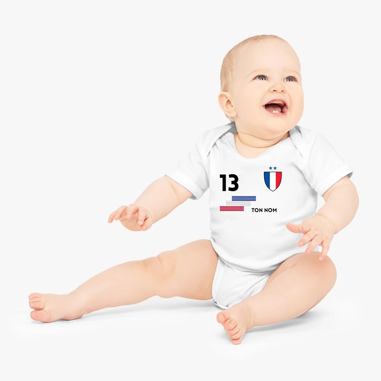Maillot de foot France - Body bébé personnalisé avec prénom et numéro de maillot personnalisables, 100% coton bio, World Cup 2026