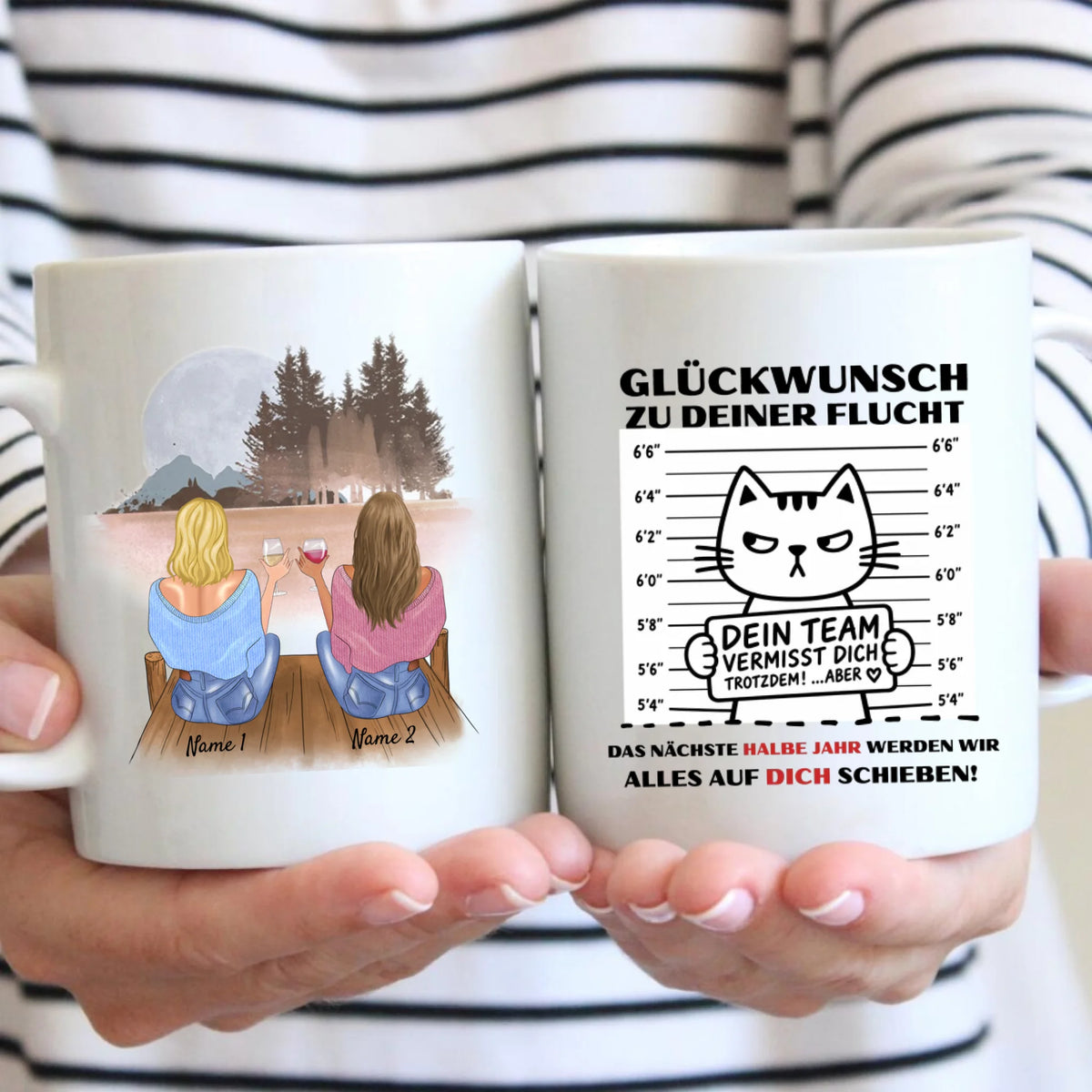 Glückwunsch zur Flucht - Personalisierte Tasse (2-4 Personen) für Kolleginnen, Arbeitskolleginnen, witziges Abschieds-Geschenk