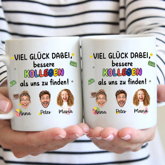 Mug de départ « Bonne chance » pour collègues avec visages découpés